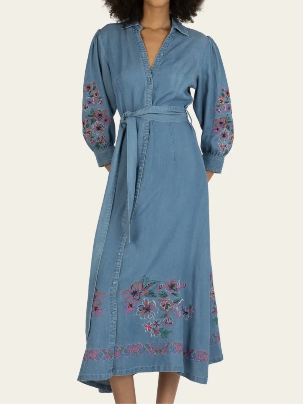 Chambray Shirt Dress Sz M Belted Embroidered Cottagecore Classic Western Retro。